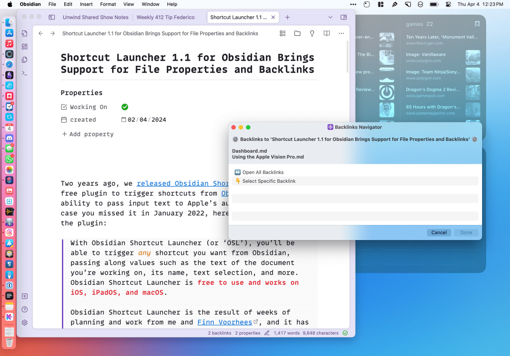 Obsidian Shortcut Launcher 1.1 agora suporta propriedades de arquivo e backlinks