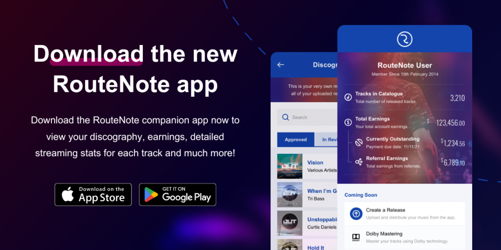 O aplicativo RouteNote já está na Apple App Store e a discografia já está disponível para iOS e Android