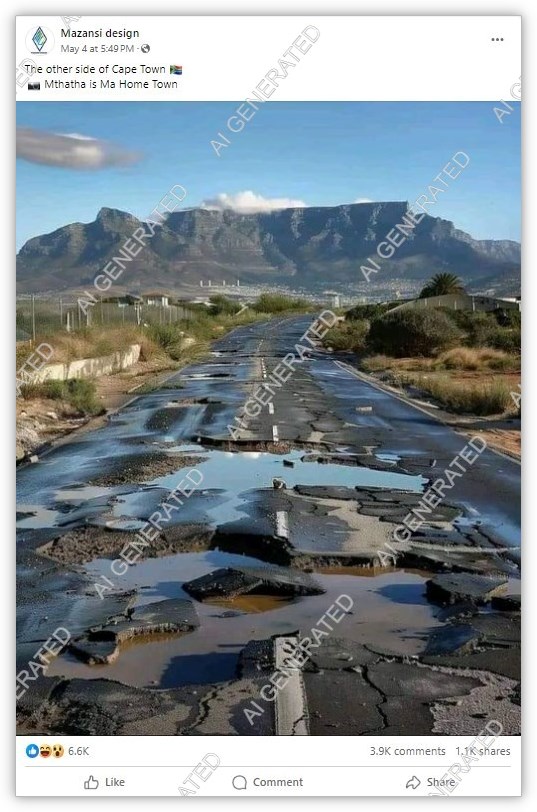 Imagens de buracos geradas por IA enganam sobre a prestação de serviços na Cidade do Cabo
