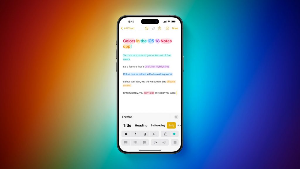 O aplicativo Notes no iOS 18 oferece suporte a cores para destacar o texto digitado