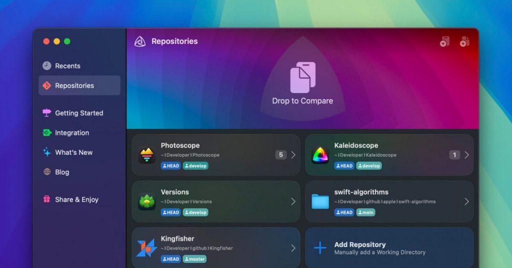 Aplicativo de comparação de arquivos Kaleidscope atualizado com repositório Git